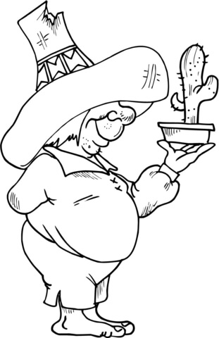 Mexican Man With A Cactus Coloring Page